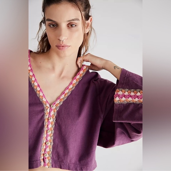 Free People Something Good Embroidered Cropped Long Sleeve Tee - Picture 3 of 11